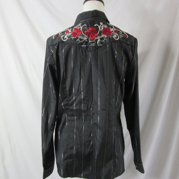 Roper Vintage Western Shirt Snap Black Silver Metallic Stripes Roses Size Medium - Picture 12 of 12